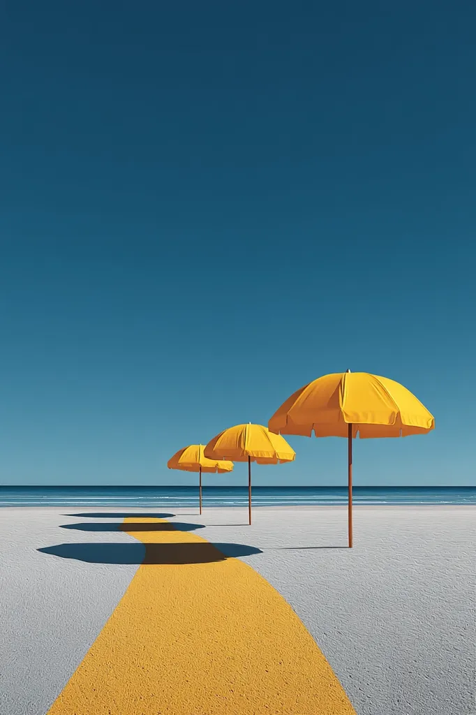 A minimalist beach scene features three vibrant yellow beach umbrellas arranged in a row on a pristine, light-grey sand beach. A yellow path leads towards them, creating a striking contrast against the tranquil blue ocean and clear sky. The scene evokes a sense of calm and serenity, ideal for relaxation and escape.  The umbrellas cast long shadows on the sand.