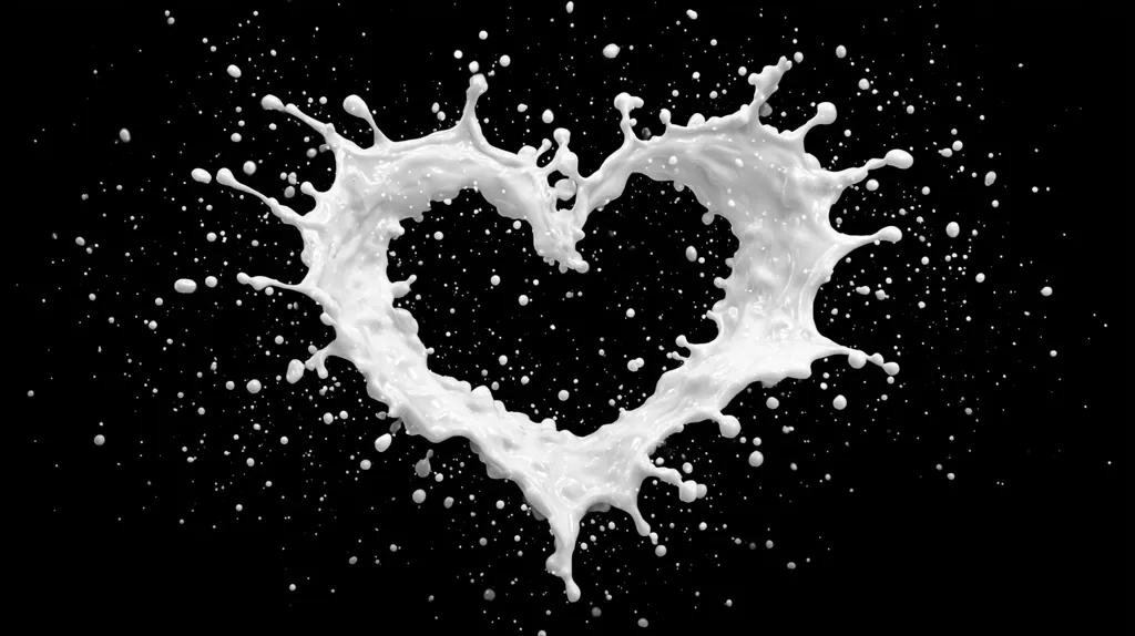 A splash of white liquid, possibly milk or cream, forms a heart shape against a black background.  The liquid is dynamic, with droplets and splashes extending outward from the central heart. The image is striking in its contrast and suggestive of love or affection.  The overall effect is clean, modern, and visually appealing.