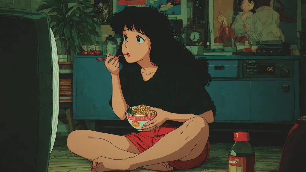 An anime-style girl with long black hair sits on the floor, engrossed in a bowl of noodles. She eats with chopsticks while watching television in a dimly lit room.  The scene is set in a cozy apartment, with posters and plants visible in the background.  The overall aesthetic is vintage and nostalgic. A bottle of dark liquid sits on the floor beside her.