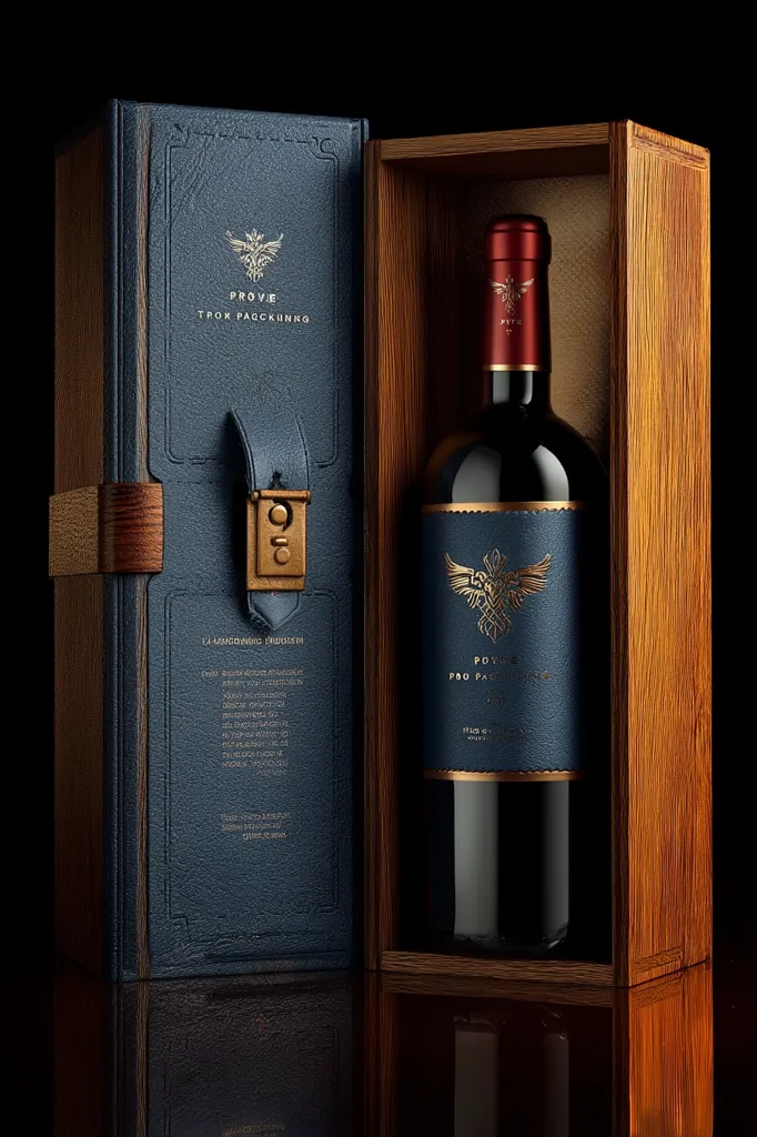 A bottle of Prove Pro Packung wine is showcased in an elegant wooden box. The box's dark blue leatherette exterior features gold lettering and a clasp detail, mimicking a vintage book or case.  The wine bottle itself displays a similar design, with a dark blue label adorned with a gold emblem. The overall presentation is luxurious and sophisticated.