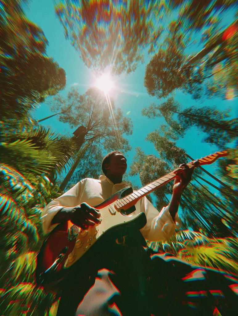 A young man plays an electric guitar outdoors under a bright, sunny sky.  Tall trees and lush tropical foliage surround him. The image is stylized with a vibrant, psychedelic effect, creating a dreamlike and surreal atmosphere.  The sun's rays are prominent, adding to the intense energy of the scene.  The overall mood is one of joy and freedom.