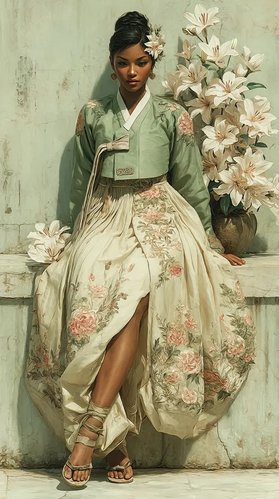 A Black woman, elegantly dressed in a pale green hanbok with floral embroidery, sits gracefully on a stone bench.  White lilies in a vase beside her add to the serene atmosphere.  Her dark hair is styled up, and she wears delicate earrings and sandals.  The overall palette is soft and muted, creating a peaceful and refined portrait.
