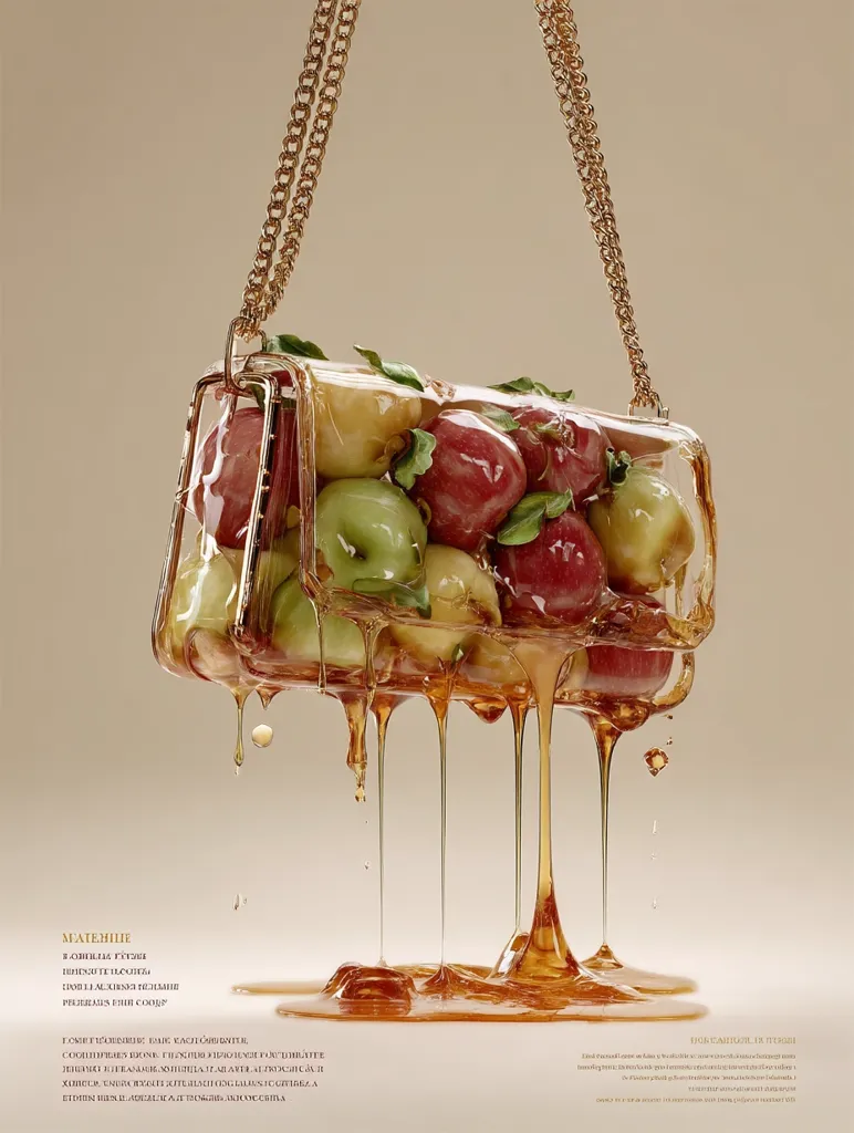 A transparent handbag with a gold chain strap is filled with red and green apples.  Honey drips from the bag, coating the apples and flowing onto the surface below. The image is stylized, with a focus on the contrast between the luxury of the bag and the natural, slightly messy quality of the fruit and honey.  The overall effect is one of both elegance and unexpectedness.