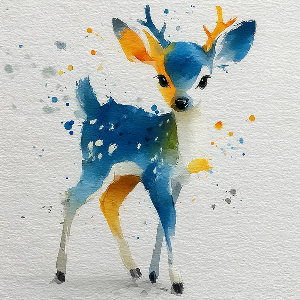 A watercolor painting depicts a stylized fawn.  The fawn is predominantly blue with orange accents on its legs and antlers, and white spots.  The style is loose and impressionistic, with visible watercolor washes and splatters surrounding the fawn, adding to the whimsical nature of the artwork. The background is a light off-white, allowing the vibrant colors of the fawn to stand out.