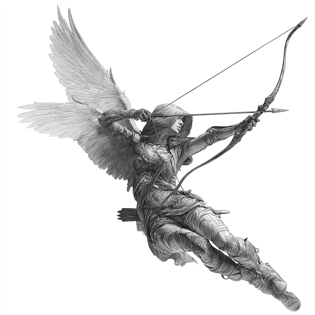 A grayscale illustration depicts a winged archer mid-flight, her body dynamically angled.  She wears armored clothing and a hooded cloak, her focus intently on the bow and arrow she expertly draws.  The wings are large and feathered, contrasting with the detailed texture of her attire and the smooth lines of the bow.  The image is striking in its detail and the sense of movement it conveys.