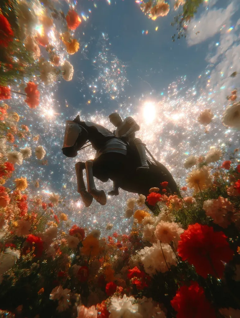 A knight in shining armor rides a dark horse through a vibrant, glittering field of flowers.  The scene is surreal and dreamy, with shimmering particles floating in the air and sunlight filtering through the blossoms. The perspective is from below, looking up at the knight, creating a sense of wonder and enchantment. The colors are rich and saturated, emphasizing the magical atmosphere.
