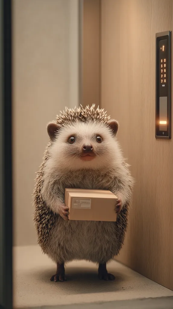 A fluffy hedgehog stands in a hallway, holding a small cardboard box.  Its large eyes gaze directly at the camera, conveying a sense of seriousness and responsibility.  The hedgehog appears to be delivering a package, adding a whimsical touch to the scene. The background features a minimalist elevator panel with illuminated numbers. The overall mood is calm and endearing.