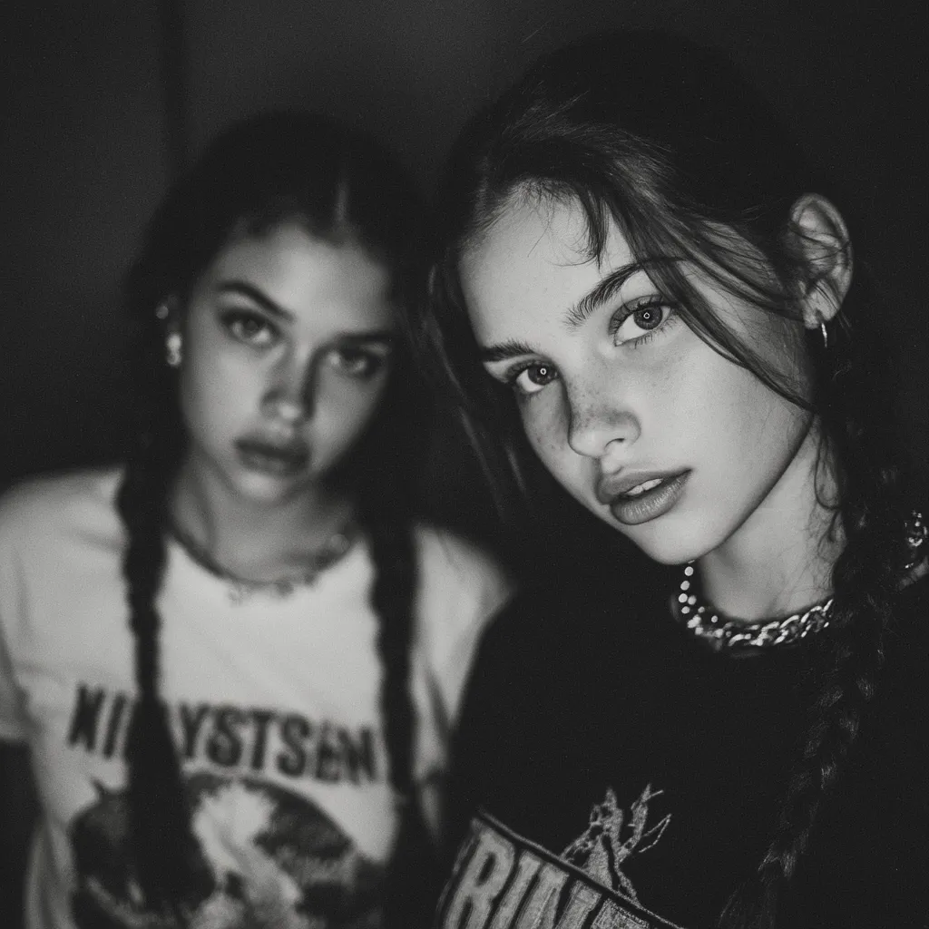 A black and white close-up shot features two young women, one slightly out of focus in the background. The foreground woman gazes directly at the camera, her expression serious yet captivating. Both wear dark clothing with graphic prints, their dark hair styled in braids.  The image's contrast and monochrome palette create a moody, intimate atmosphere.