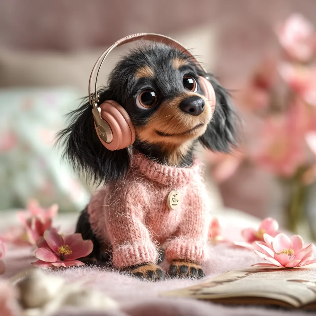 An adorable dachshund puppy, wearing a pink knitted sweater and oversized pink headphones, sits amidst pink flowers and a book.  Its large, expressive eyes and charming expression convey a sense of peaceful contentment. The scene is soft and dreamy, emphasizing the cuteness of the dog. The overall aesthetic is delicate and feminine.