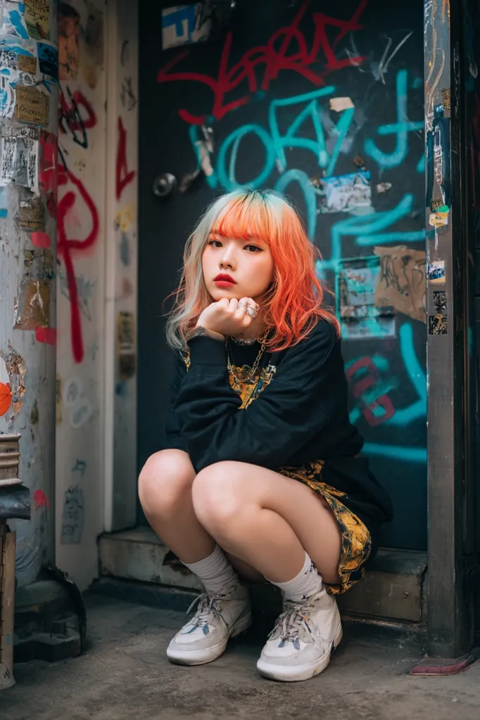 A young woman with vibrant orange and teal hair sits crouched against a graffiti-covered wall. She's dressed in a black sweatshirt and a short, patterned skirt, her knees drawn up to her chest.  She rests her chin on her hand, gazing directly at the camera. Her light-grey sneakers are visible, adding a touch of contrast to the urban backdrop. The overall aesthetic is edgy and stylish.
