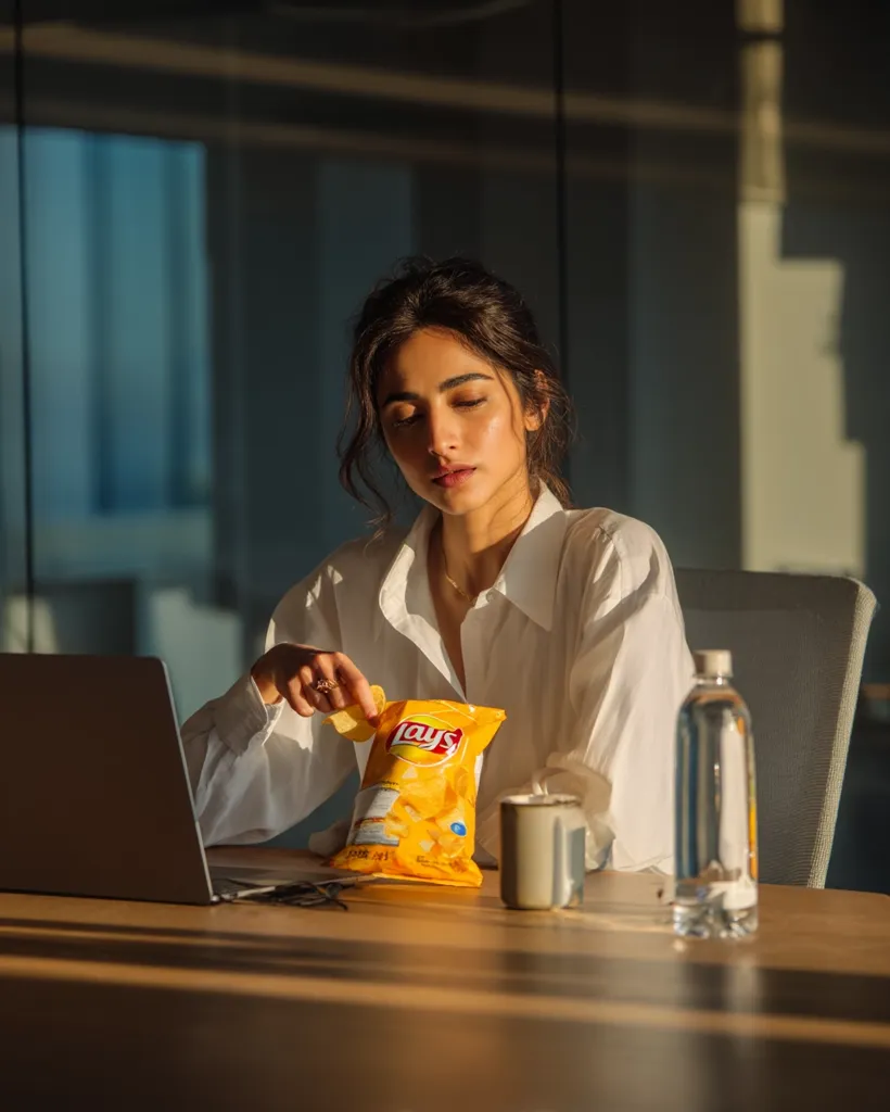 A young woman with dark hair pulled back sits at a desk bathed in golden sunlight. She wears a crisp white shirt and is casually eating Lay's potato chips, a mug sits beside a bottle of water. A laptop is on the desk, suggesting she might be taking a work break. The overall mood is serene and relaxed.