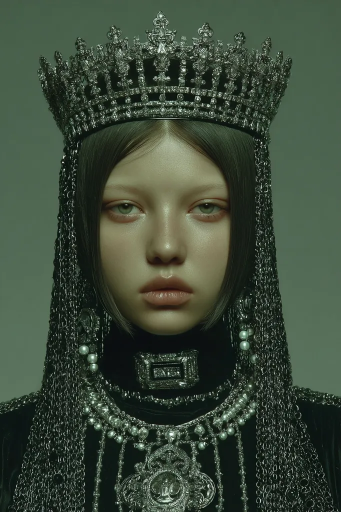 A young woman with dark hair is adorned in elaborate, dark jewelry.  A large, ornate crown sits atop her head, with long chains cascading down her shoulders.  She wears a high-necked, dark garment, embellished with intricate silver necklaces and a brooch. The overall aesthetic is dark, regal, and slightly gothic.  Her expression is serious and composed.