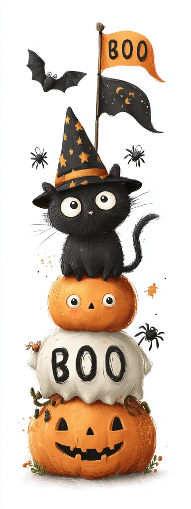 A cute black cat wearing a witch's hat sits atop a stack of Halloween pumpkins.  The bottom pumpkin is a jack-o'-lantern, the middle is a ghost-like shape with "BOO" written on it, and the top pumpkin has large eyes.  A small flag reading "BOO" and bats and spiders surround the charming stack, creating a whimsical Halloween scene.