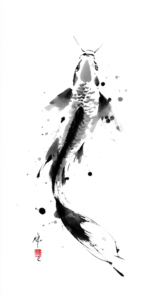 An elegant monochrome ink painting depicts a koi fish swimming upwards.  The artist uses expressive brushstrokes to capture the fish's form, with black ink defining its body and tail against a white background.  Splashes of ink suggest movement and water.  A small red artist's seal is subtly placed in the bottom left corner. The style is reminiscent of traditional East Asian ink wash painting.