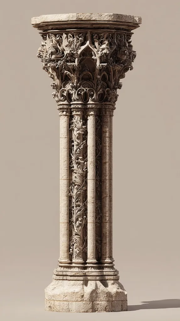 A meticulously detailed 3D rendering showcases an ornate Gothic column.  The capital is richly carved with grotesque faces and foliate designs, transitioning into a shaft of four slender columns, further embellished with intricate floral carvings. The base is substantial, reflecting the column's height and architectural significance, suggesting a fragment of a larger, grand structure.  The pale stone evokes a sense of age and history.