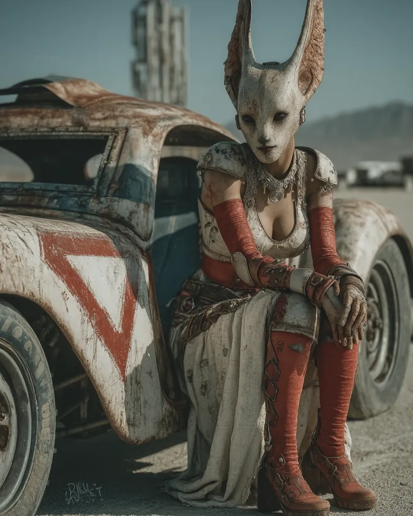 A woman in a rabbit mask and post-apocalyptic attire sits beside a weathered, rusty car in a desolate landscape.  Her clothing is a mix of tattered fabric and metallic components, suggesting a survivalist or wasteland aesthetic. The setting appears barren, with a distant, indistinct structure in the background. The overall image evokes a sense of loneliness and a dystopian future.