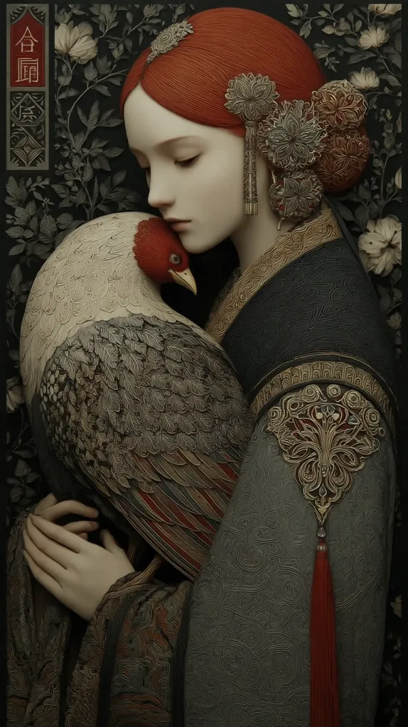 A digital painting depicts a serene woman with fiery red hair adorned in intricate ornate jewelry and a dark, richly textured robe. She gently cradles a bird, its plumage detailed with meticulous feather strokes and a palette of muted grays and browns. The background is a dark tapestry of leafy vines and blossoms, creating a mood of quiet elegance and mystery.  The overall style is reminiscent of classical portraiture with a fantastical element.