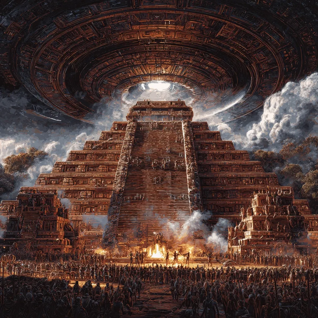 A colossal Mayan-style pyramid stands beneath a massive, dark, circular object hovering in the sky.  Smoke and fire rise from a ceremony at the pyramid's base where numerous figures gather. The scene is dramatically lit, emphasizing the monumental scale of the structure and the mysterious presence above.  The overall effect is one of awe and wonder, blending ancient civilization with science fiction elements.