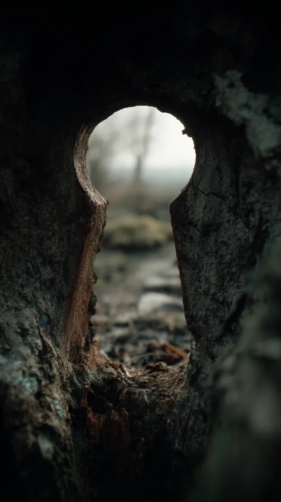 A keyhole-shaped opening in a decaying tree trunk reveals a blurred, out-of-focus landscape beyond. The dark, textured wood of the tree contrasts with the lighter, misty background. The image evokes a sense of mystery and hidden worlds, suggesting a passage to another place or time. The natural decay of the wood adds to the overall mood of age and secrets.
