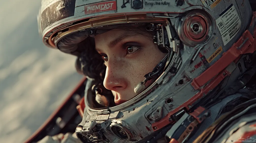 Close-up of a female astronaut's face, partially visible within a weathered, intricately detailed helmet.  Her expressive eyes gaze pensively towards the horizon, which is a blurry expanse of clouds and sky. The helmet shows signs of wear and tear, with various labels and markings visible on its surface. The overall atmosphere is one of solitude and possibly post-apocalyptic adventure.