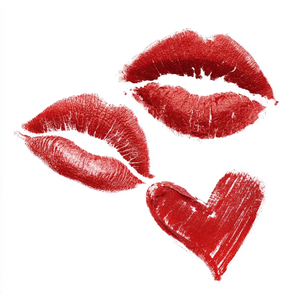 Three red lipstick kisses and a heart are imprinted on a white background.  The vibrant red color contrasts sharply with the white, creating a visually striking image.  The kisses and heart suggest love, romance, and passion.  The texture of the lipstick marks is visible, adding depth and realism.