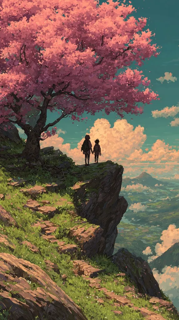 Two children stand hand-in-hand on a cliff overlooking a vast, picturesque valley.  A vibrant pink cherry blossom tree stands nearby, its blossoms a stark contrast to the verdant landscape.  The scene is idyllic, painted in soft, dreamy colors under a partly cloudy sky.  A winding stone path leads up to the cliff edge, suggesting a journey undertaken. The overall mood is peaceful and serene.