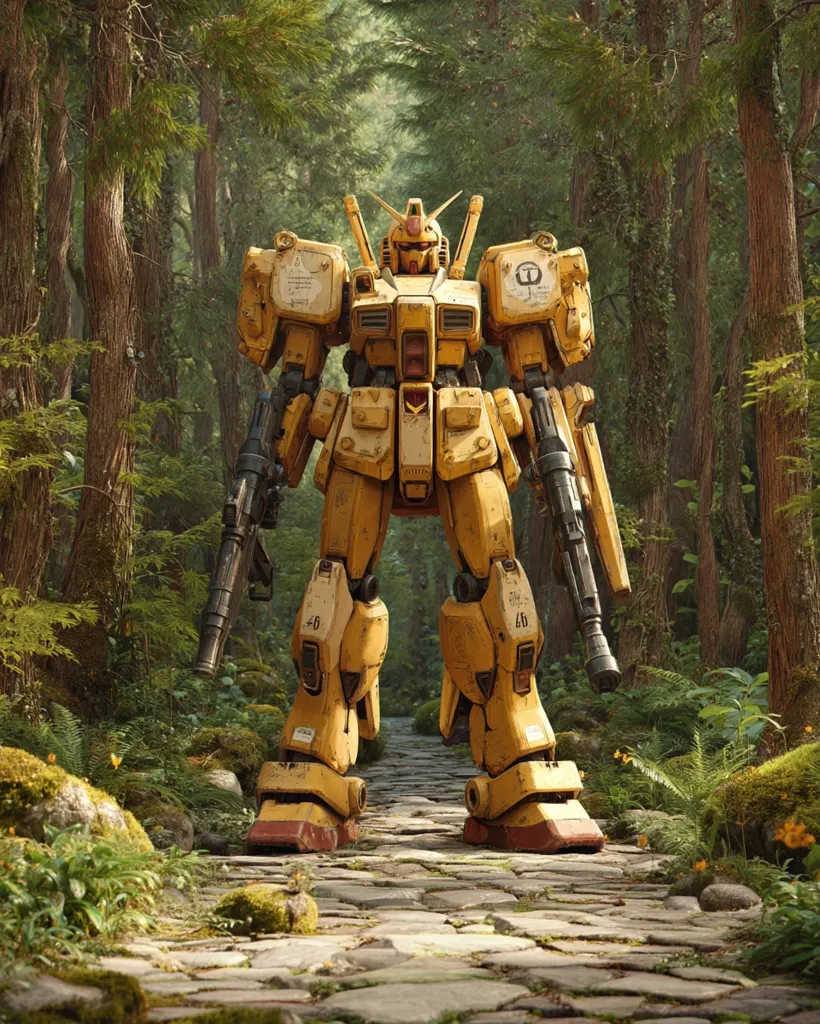 A weathered, yellow mecha stands on a stone path in a lush forest.  The robot, detailed with wear and markings, is reminiscent of classic anime designs. Its weaponry is held at its sides. The serene forest setting contrasts sharply with the imposing presence of the powerful machine.  Sunlight filters through the trees, illuminating the scene.