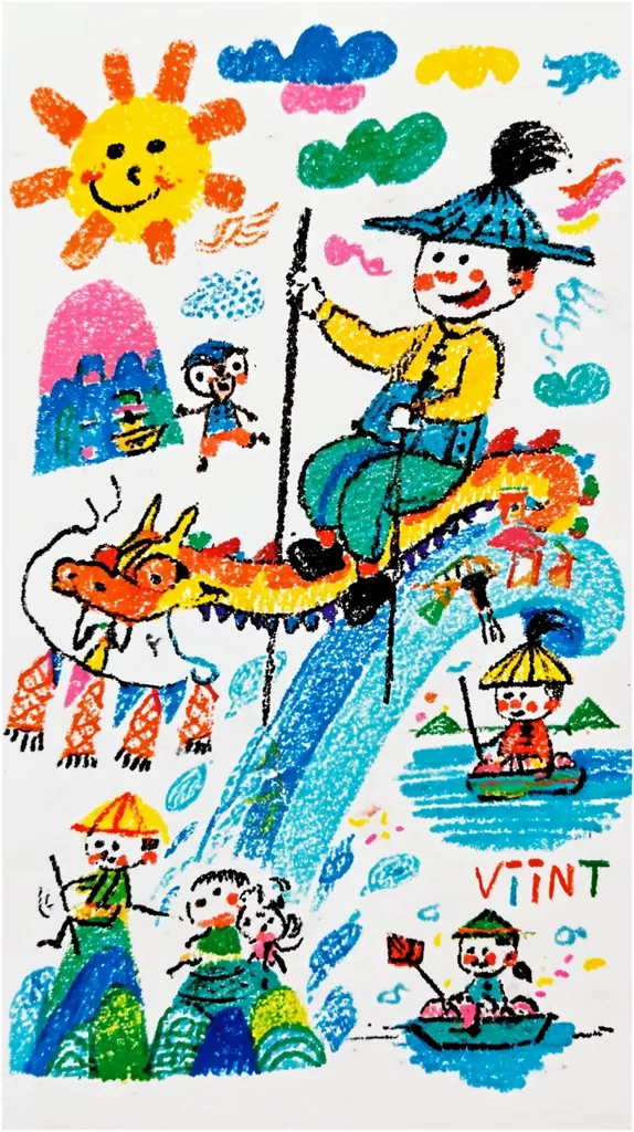 A vibrant crayon drawing depicts a whimsical scene. A smiling sun shines above a boy riding a colorful dragon over a wave.  Other children are shown in boats and playing near mountains.  The style is childlike and expressive, with bold colors and simple shapes.  The overall impression is one of joy and imaginative play.