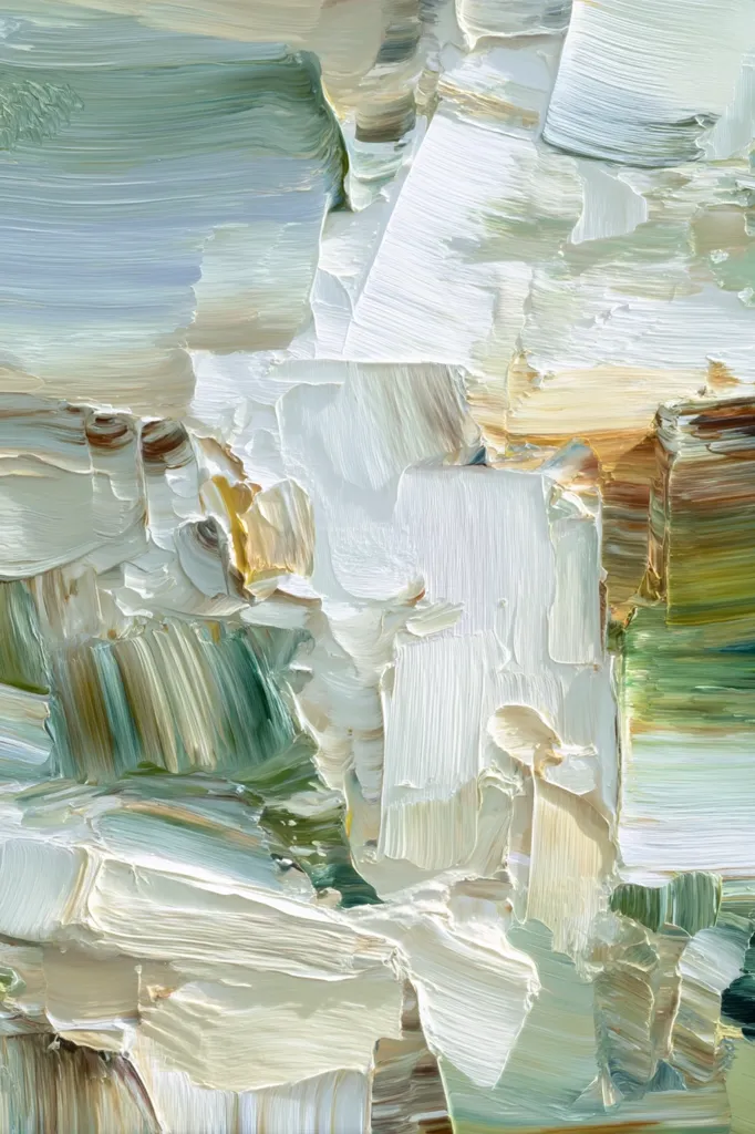 An abstract painting dominated by off-white and pale green hues.  Thick, impasto brushstrokes create a textured surface, suggesting depth and movement.  Subtle hints of beige and brown add warmth to the cool palette. The composition is dynamic, with layers of paint seemingly overlapping and interweaving, evoking a sense of fluidity and light.
