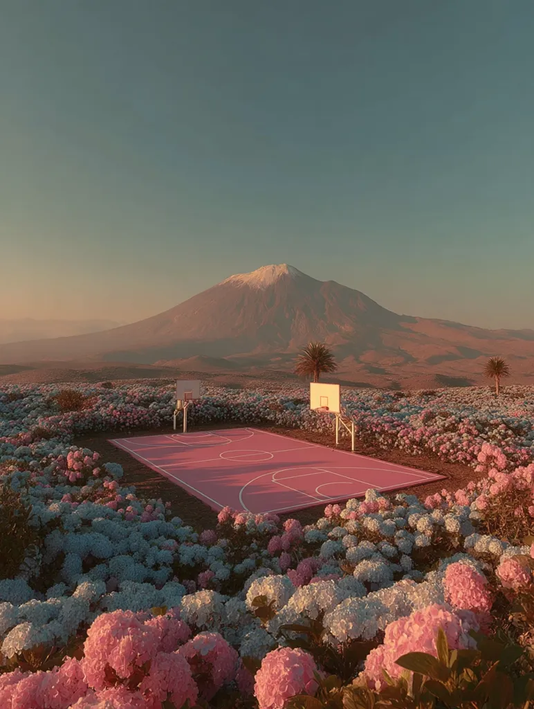 A surreal landscape features a vibrant pink basketball court nestled amidst a field of delicate pink and blue hydrangeas.  A majestic, snow-capped volcano rises in the background under a soft, pastel sky.  Palm trees dot the horizon, adding a touch of tropical serenity to the otherworldly scene. The overall aesthetic is peaceful and dreamlike.