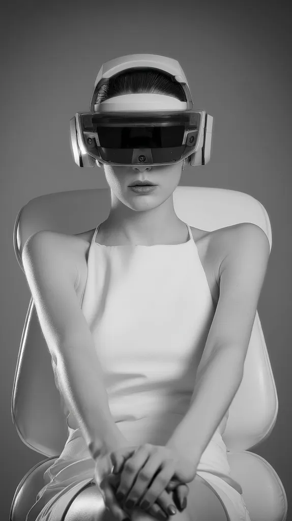 A monochrome image portrays a woman seated in a modern chair, wearing a minimalist white dress and a futuristic virtual reality headset.  Her hands rest calmly in her lap, her gaze obscured by the headset. The background is a neutral gray, emphasizing the stark contrast between the woman and her technology.  The overall mood is serene yet technologically advanced.