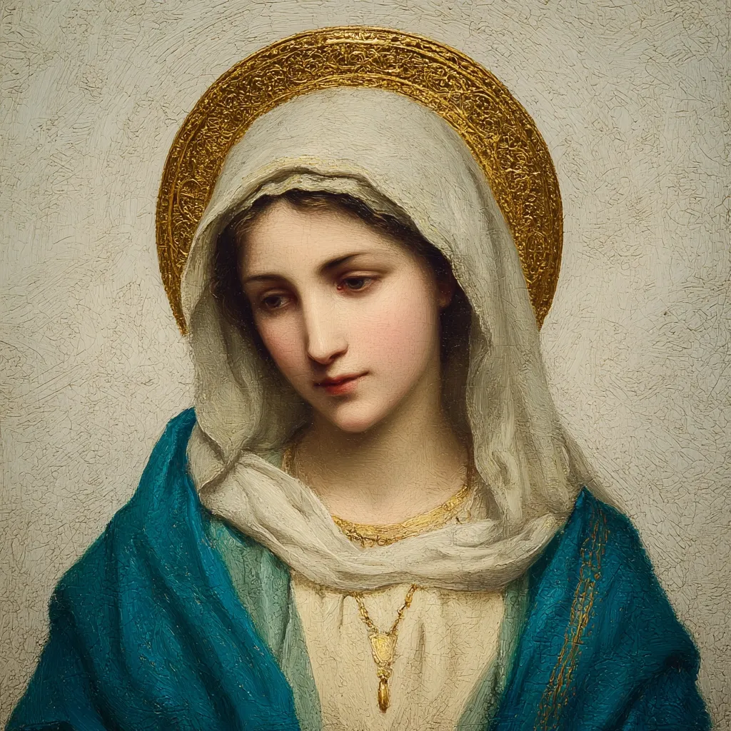 A portrait painting of the Virgin Mary.  She is depicted in a serene, contemplative pose, her gaze cast downward.  She wears a flowing white veil and a teal robe, adorned with a gold halo and a delicate gold necklace. The painting style is realistic, with soft brushstrokes and a focus on subtle details of skin and fabric. The overall mood is one of peace and quiet piety.