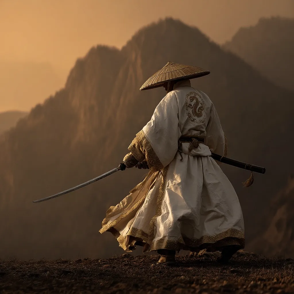 A lone figure, clad in flowing white robes adorned with gold embroidery, stands on a mountain peak at sunset.  He wears a traditional conical hat and wields a katana, the long blade extended.  The dramatic silhouette against the mountainous backdrop creates a powerful and evocative image, suggesting themes of solitude, strength, and perhaps, a warrior's journey.