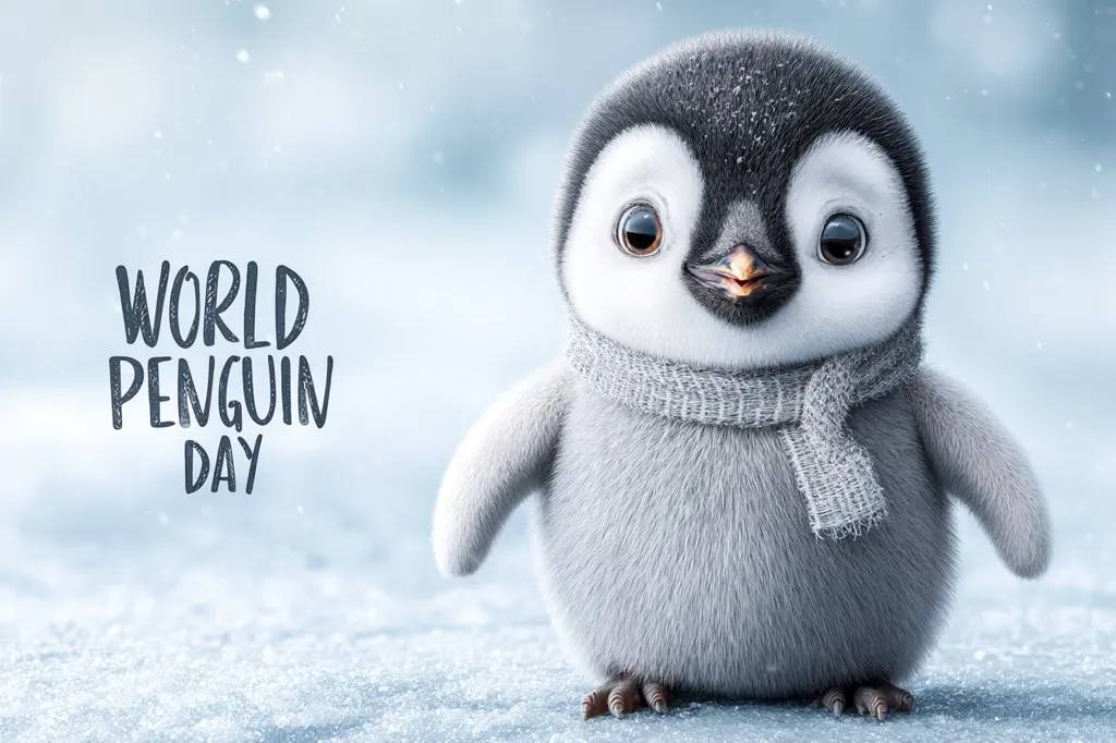 An adorable baby penguin, adorned with a cozy gray scarf, stands on a snowy landscape.  Snowflakes gently fall around it.  The text "World Penguin Day" is prominently displayed, creating a heartwarming image celebrating the day. The penguin's fluffy appearance and endearing expression enhance the festive mood.