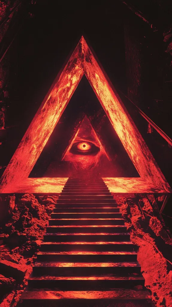 A digital artwork depicts a fiery red, triangular structure resembling a pyramid, illuminated from within.  At its center, a single, large eye is visible, radiating an ominous glow.  A staircase leads towards this central eye, ascending into the heart of the structure. The overall aesthetic is dark, mysterious, and evocative of occult symbolism. The scene is set in a seemingly subterranean, rocky environment.