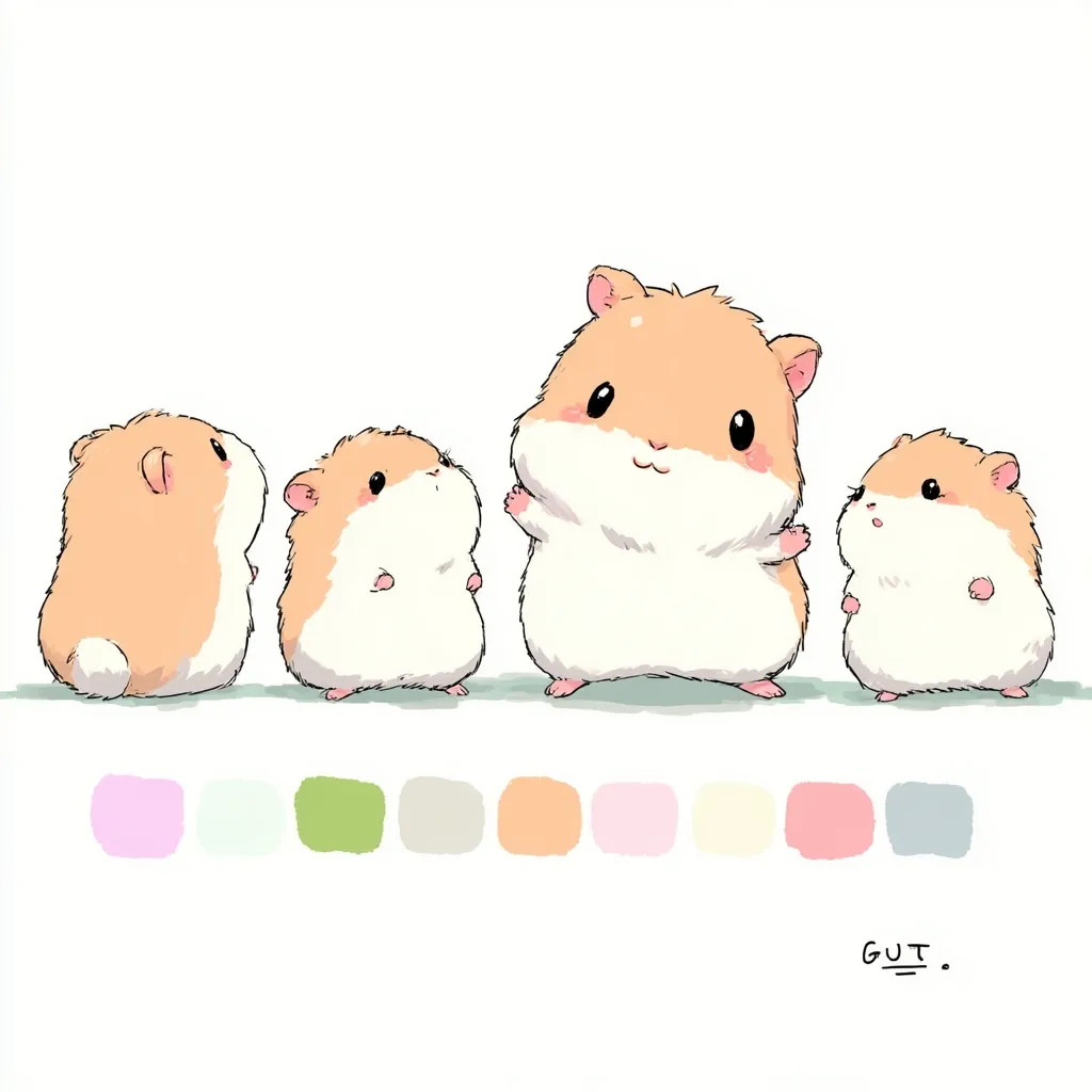 A charming illustration features four adorable hamsters in varying sizes. The largest hamster stands in the center, flanked by two smaller hamsters on either side, with a tiny hamster to the far left.  Their soft, peach-colored fur and large, expressive eyes convey a sense of cuteness. A color palette below suggests the gentle hues used in the drawing. The overall style is simple yet endearing.