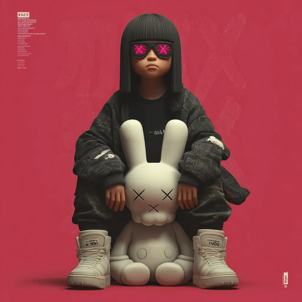 A 3D rendered image showcases a young girl with black bobbed hair, wearing neon pink X-shaped sunglasses and a dark jacket.  She sits casually, hands resting on a large, white, stylized bunny toy with similar X markings on its face.  Both figures are positioned against a solid crimson backdrop, giving the scene a striking contrast. The girl wears high-top sneakers with text visible on the sides. The overall style is edgy and fashionable with a hint of streetwear.