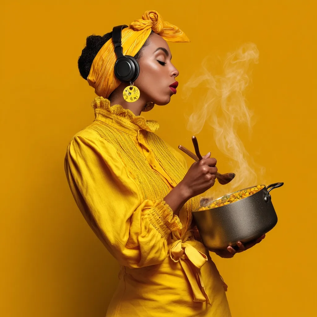 A stylish Black woman, dressed in a vibrant yellow head wrap and matching long-sleeved dress, is shown in profile.  She wears headphones and large yellow earrings.  She holds a pot of steaming food, using wooden spoons to sample it, her lips slightly parted as she inhales the aroma. The background is a solid, matching yellow. The image is visually striking due to its use of color and composition.