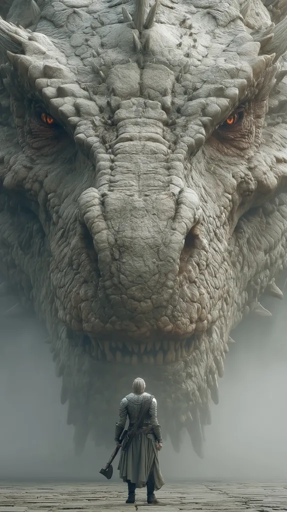 A lone warrior, clad in medieval armor and wielding an axe, stands before an immense, imposing dragon.  The dragon's head fills most of the frame, its massive size and intense gaze emphasizing the warrior's vulnerability.  The scene is shrouded in mist, adding to the dramatic and ominous atmosphere.  The contrast between the small figure and the colossal beast highlights the epic scale of their potential confrontation.