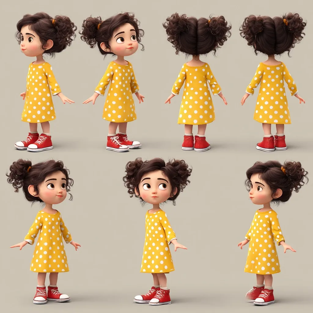 A 3D model of a cute, cartoon girl with curly brown hair in pigtails is shown in various poses.  She wears a yellow polka-dot dress and red sneakers.  The multiple views provide a complete visual representation of the character from front, back, and sides, showcasing her design and animation potential.