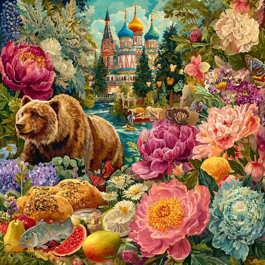 A brown bear stands amidst a vibrant profusion of flowers, including large pink peonies and other blossoms.  Behind the bear, a picturesque Russian church with blue and gold domes sits beside a calm river.  The scene is idyllic, a harmonious blend of wildlife, flora, and architecture, rendered in a painterly style with bright, saturated colors.  Fruit and bread are scattered in the foreground, adding to the abundance of the composition.