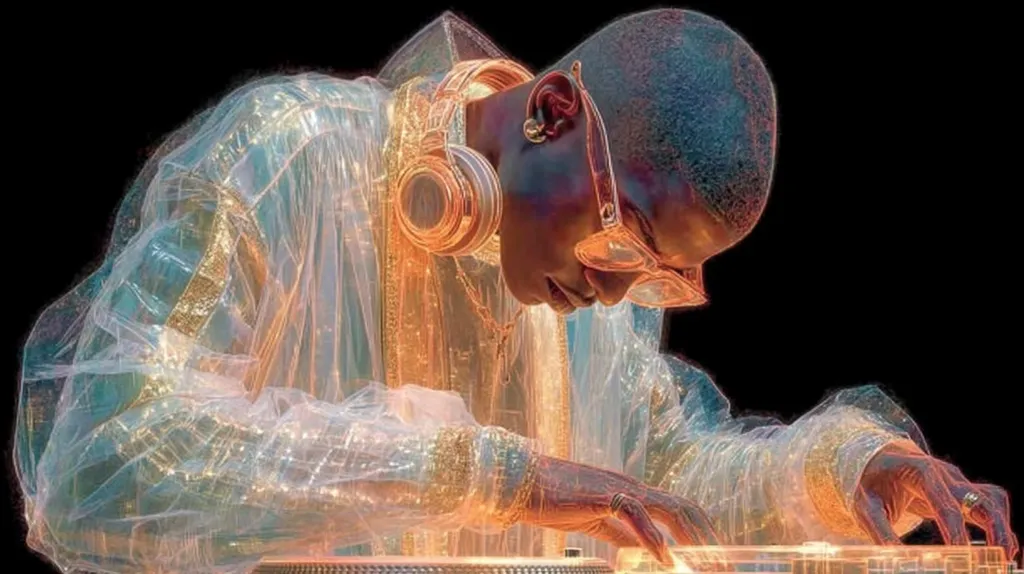 A stylized image of a young, dark-skinned DJ, seemingly male, intensely focused on mixing.  He wears translucent, shimmering clothing with gold accents, large headphones, and stylish glasses.  The overall effect is ethereal and otherworldly, with a glowing, almost holographic quality to the clothing and the DJ's presence. The DJ is captured in a moment of concentration, his hands hovering over the mixing equipment.