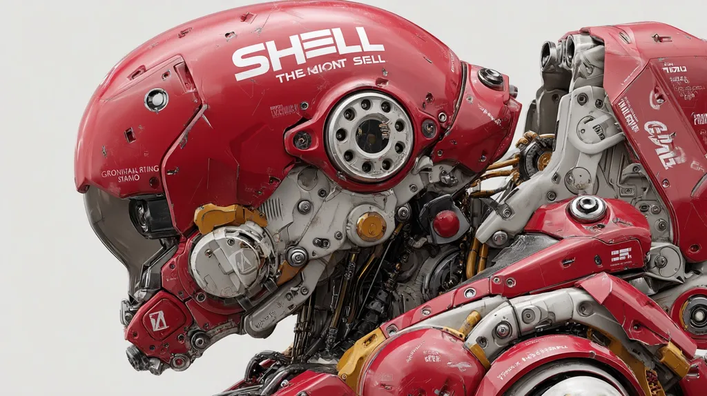 A detailed close-up reveals a meticulously crafted robotic head, predominantly red with white and gold accents.  The helmet displays "SHELL THE NIONT SELL" in stark white lettering.  Visible mechanical components and a weathered texture suggest a futuristic, possibly battle-worn, aesthetic.  The intricate design showcases a blend of organic and mechanical elements.  The image's stark background highlights the robot's complex details.