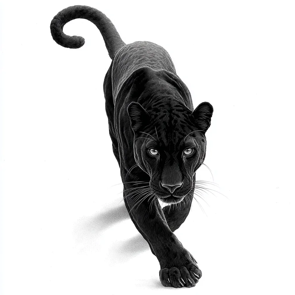 A striking monochrome illustration depicts a black panther in motion.  The panther, rendered in exquisite detail, strides purposefully toward the viewer, its gaze intense and direct.  The artist masterfully captures the animal's musculature and sleek coat, emphasizing its power and grace.  The white background accentuates the panther's dark form, creating a dramatic and captivating image.