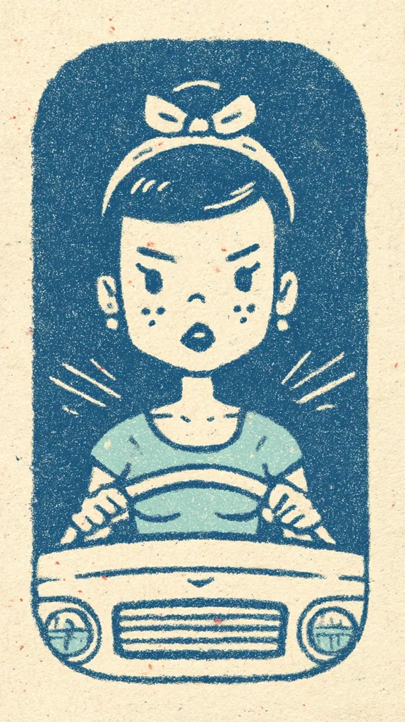 A stylized illustration of an angry young woman with freckles driving a vintage car.  She has dark hair tied up with a bow and is gripping the steering wheel. The image is rendered in a retro, linocut style with a textured, slightly grainy effect, using a palette of teal and cream colors. The overall mood is one of frustration or determination.