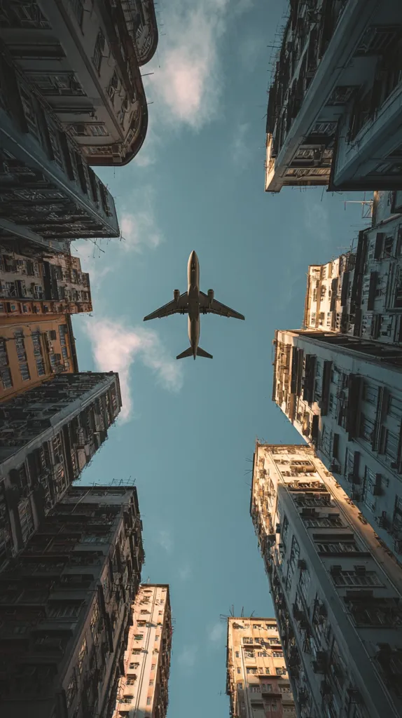 A passenger airplane flies overhead, a tiny speck against a vast blue sky.  Tall, densely packed buildings, their aged facades reaching upwards, frame the scene from a low angle, creating a dramatic perspective.  The contrast between the soaring aircraft and the city's verticality highlights the scale and dynamism of modern life.  The image suggests a sense of both confinement and freedom.