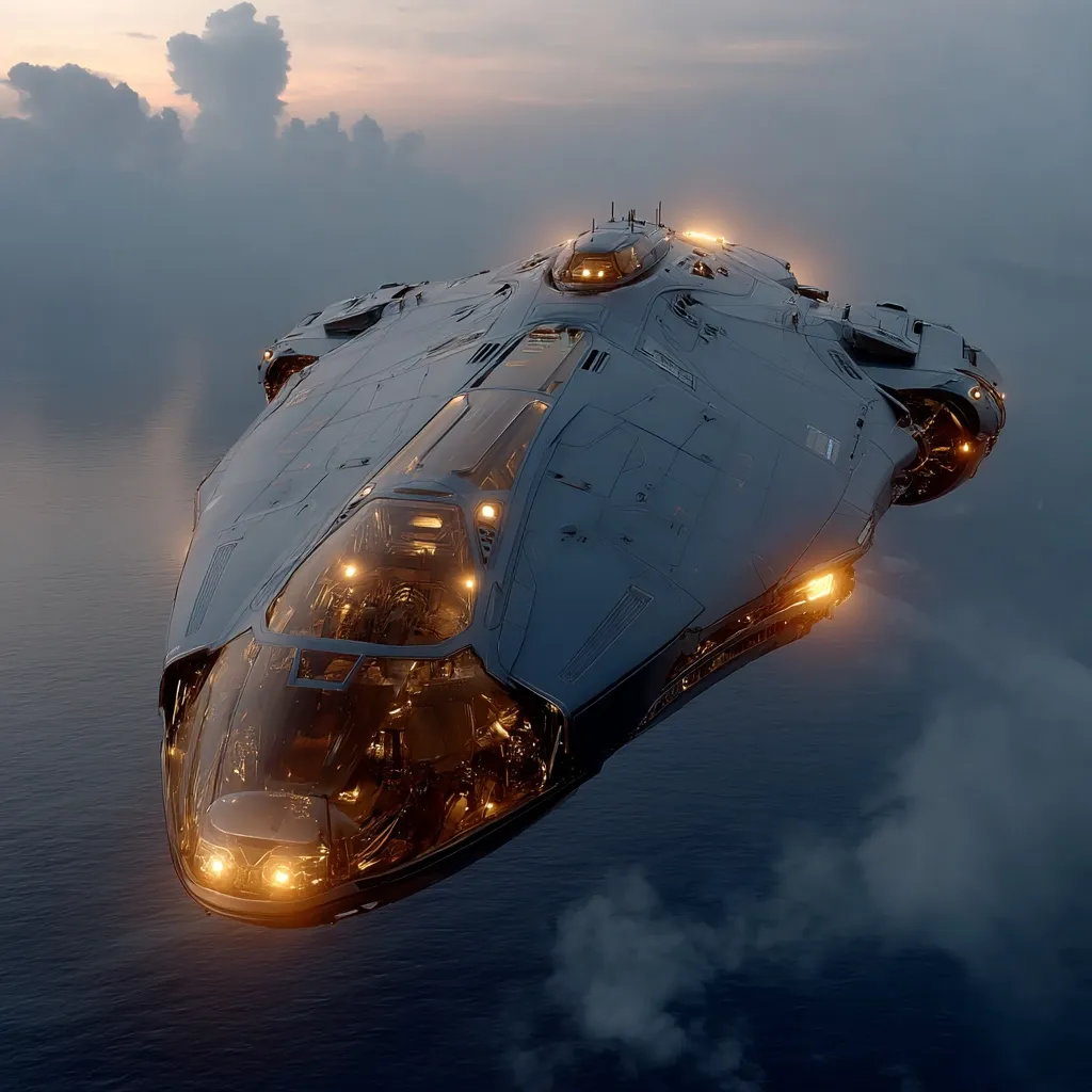 A sleek, futuristic spaceship soars above a tranquil ocean at twilight.  Its metallic grey hull reflects the soft light, while internal amber lights illuminate the cockpit and engine areas. The vessel's design suggests advanced technology and a powerful propulsion system.  Clouds drift below, enhancing the sense of serene flight and vastness.