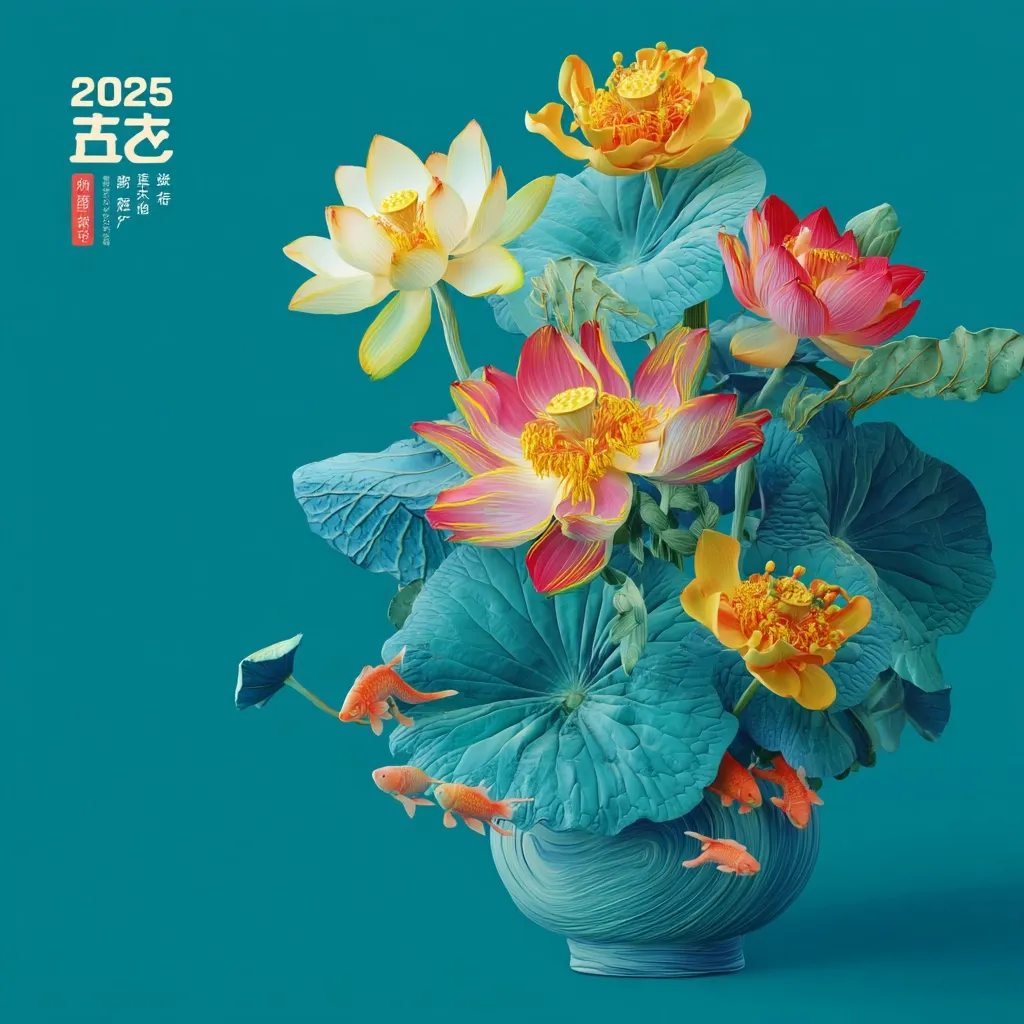 A vibrant digital artwork depicts a stylized arrangement of lotus flowers in various colors – pink, yellow, and white – nestled amongst teal-colored leaves.  Several orange goldfish swim around the base of the arrangement, which sits in a teal vase. The year "2025" is prominently displayed, alongside stylized Chinese characters. The overall aesthetic is serene and elegant, suggesting a celebration or auspicious occasion.
