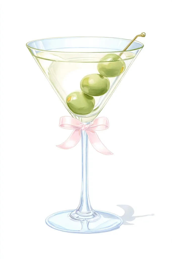 A martini glass, adorned with a delicate pink ribbon, holds a vibrant green olive garnish. The glass is filled with a clear, light-colored liquid, suggestive of a classic martini.  The image is rendered in a soft, watercolor style, creating an elegant and sophisticated aesthetic.  The olives are skewered on a small gold pick.