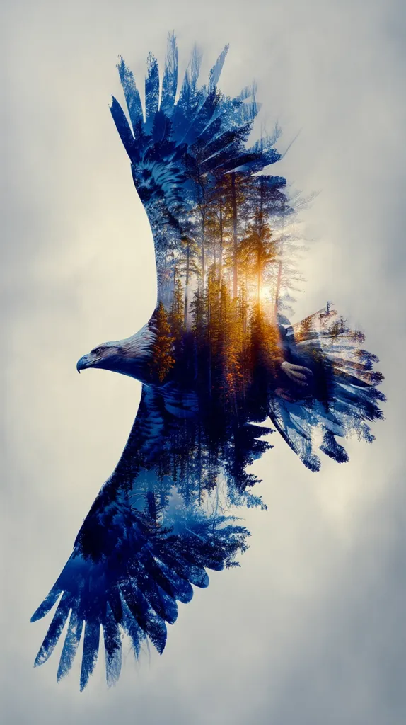A breathtaking double exposure image showcases a majestic eagle in flight.  Its wings are overlaid with a vibrant forest scene, creating a surreal blend of nature's power and beauty.  The eagle's silhouette is sharply defined against a soft, hazy background, emphasizing the ethereal quality of the artwork.  Warm sunlight filters through the superimposed trees, adding depth and a sense of tranquility.